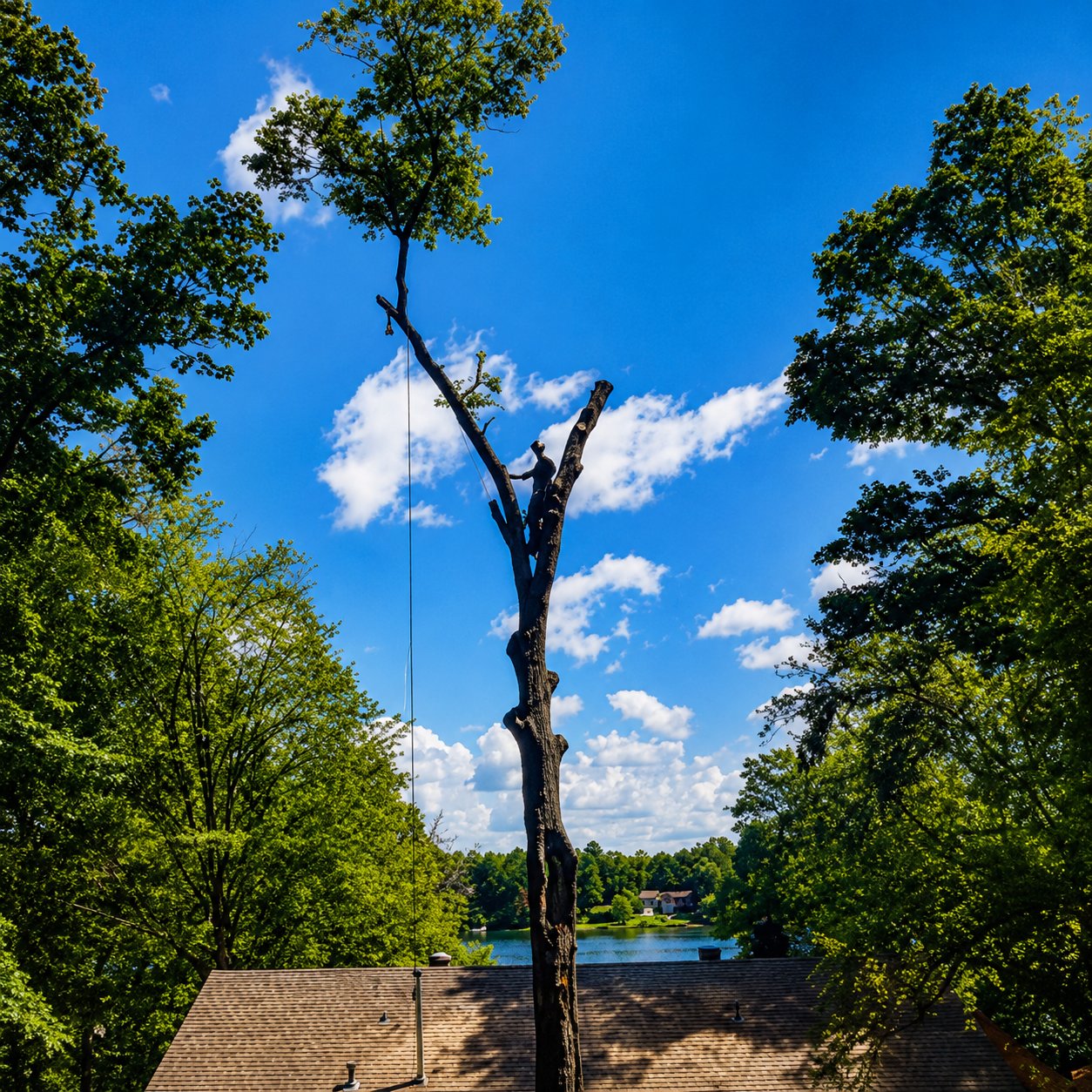 Aerial bucket truck extended toward a tree canopy